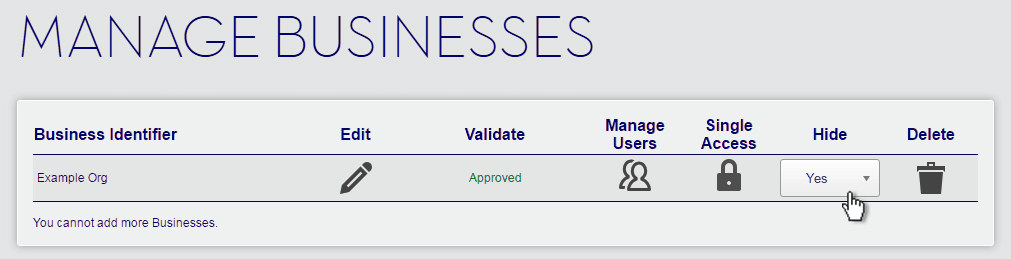 Manage businesses Hide Option